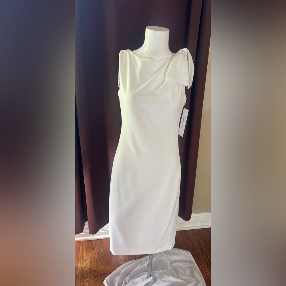 Calvin Klein White Bow-Shoulder Scuba Sheath Dress Size:4
